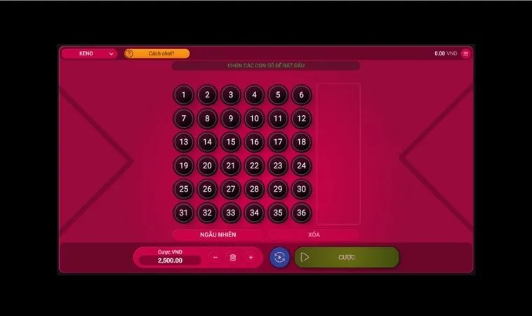 Giao diện chơi game nhanh Keno Tại HitClub