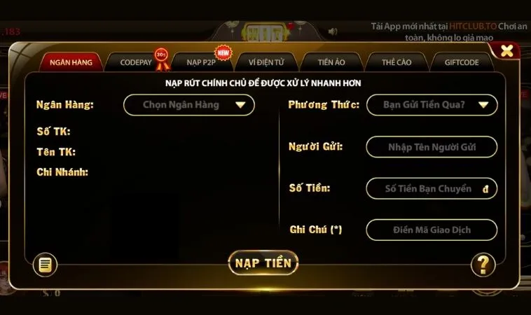 Các phương thức Nạp Tiền HitClub